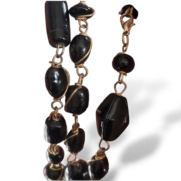 Vintage Black Enamel Painted Beads Twisted Gold Tone Wire Necklace 30" - Picture 6 of 7